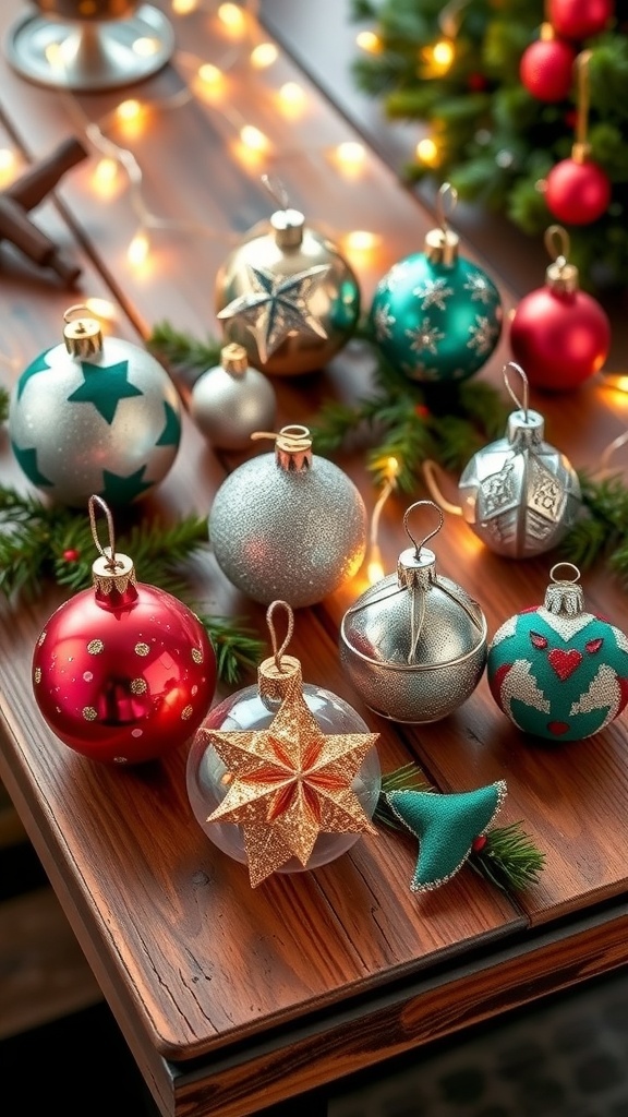 A variety of DIY Christmas ornaments including painted, glittery, and felt designs on a wooden table with holiday decorations.